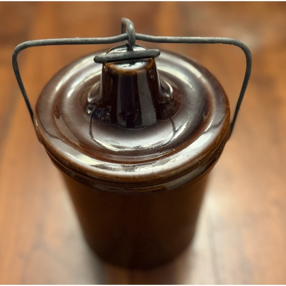 Vintage Brown Stoneware Cheese Crock Jar Wire Bail Lid 1970s Bottom Stamped